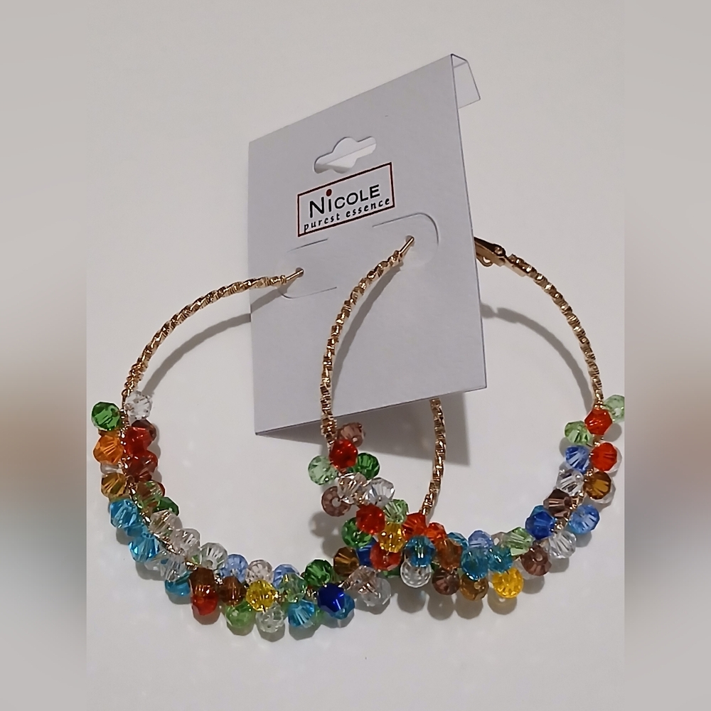 2"  Nicole Fashion Gold Tone Hoops Multicolored Beaded Earrings A41